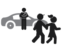 Park and stride icon - image of two children walking with a parent beside the car holding a baby.